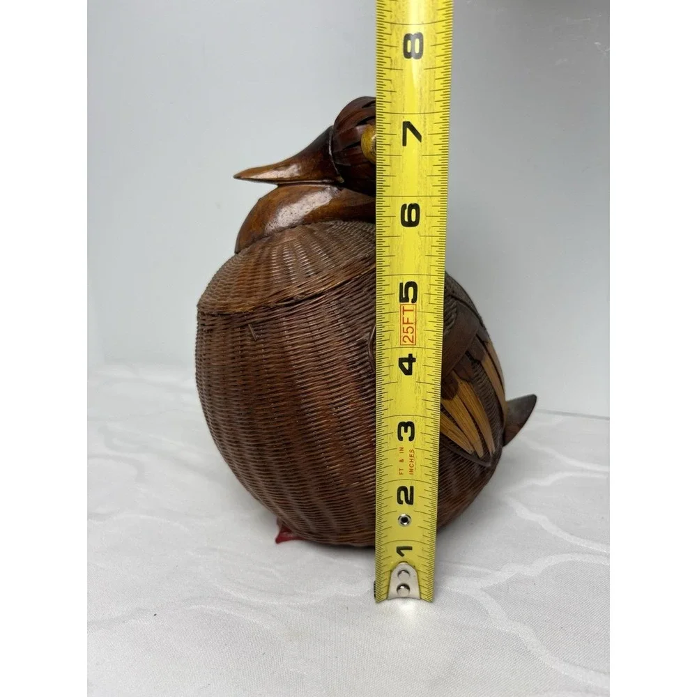 Vintage Wicker Bamboo Duck Basket with Lid Storage Trinket Hand Crafted Rare 40s